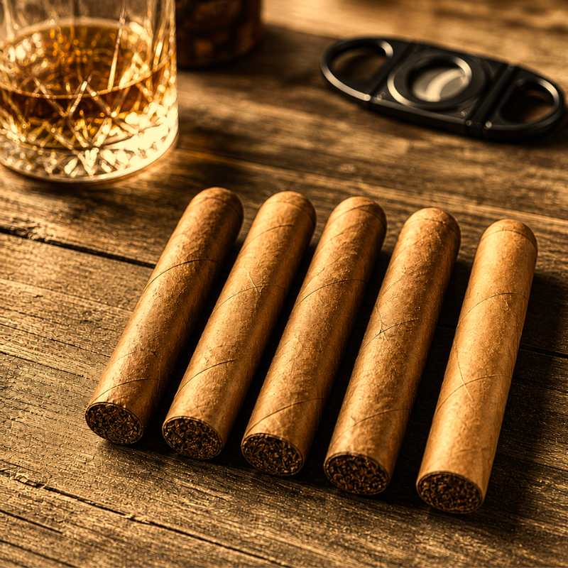 five  cigars lined up on a wood grain surface with a whiskey rocks glass and cigar cutter
