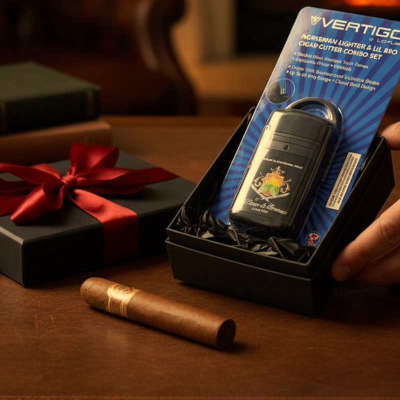Vertigo lighter and cutter combo with an ETB cigar sitting on a table with a black box wrapped with a red ribbon