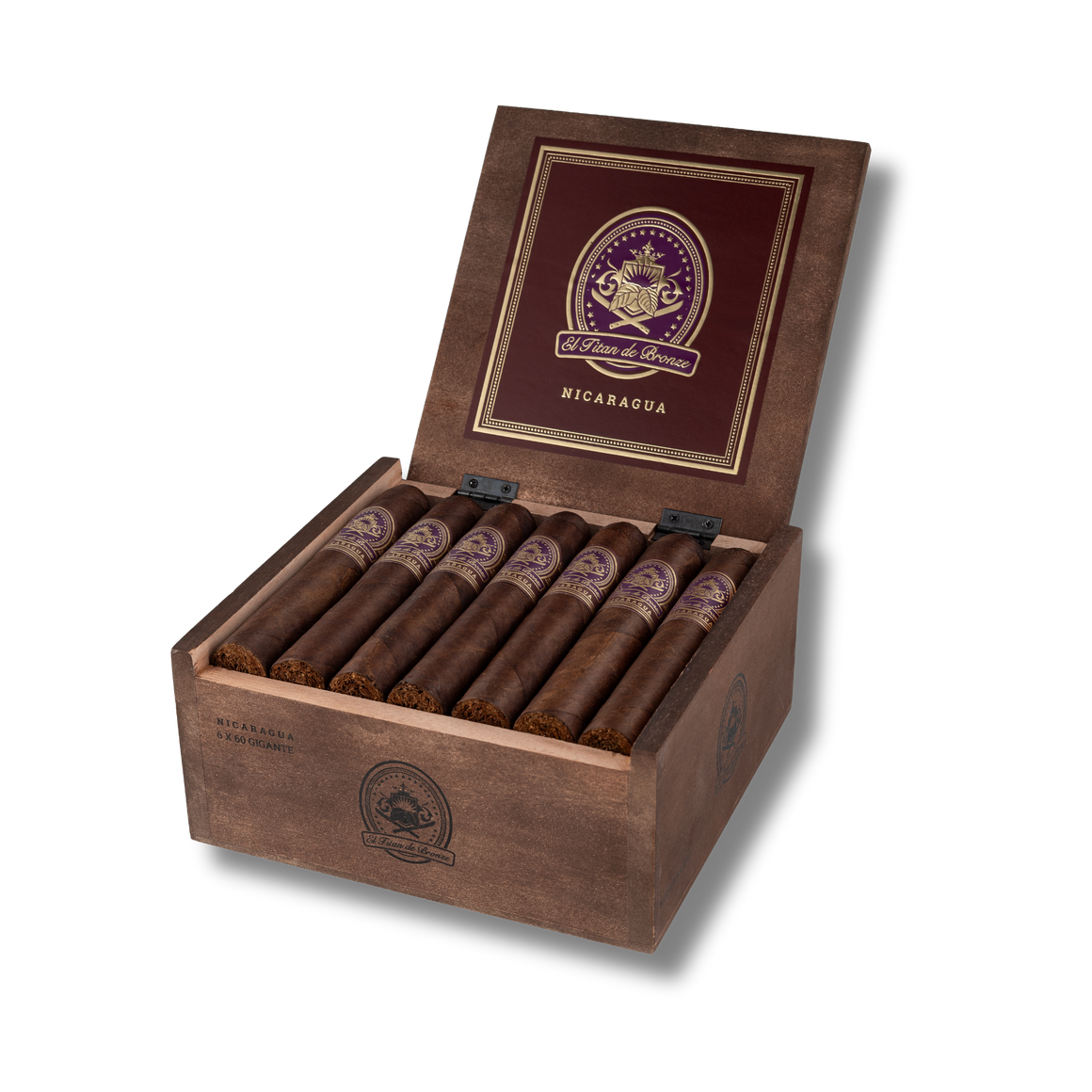 El Titan de Bronze Nicaragua Robusto cigar displaying a compact, full-flavored build with a dark Nicaraguan wrapper, precise triple cap, and artisanal hand-rolled detail