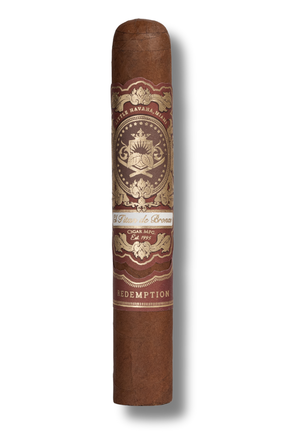 El Titan de Bronze Redemption Toro cigar featuring a handcrafted medium-to-full bodied profile with a rich wrapper, triple cap finish, and smooth, even construction